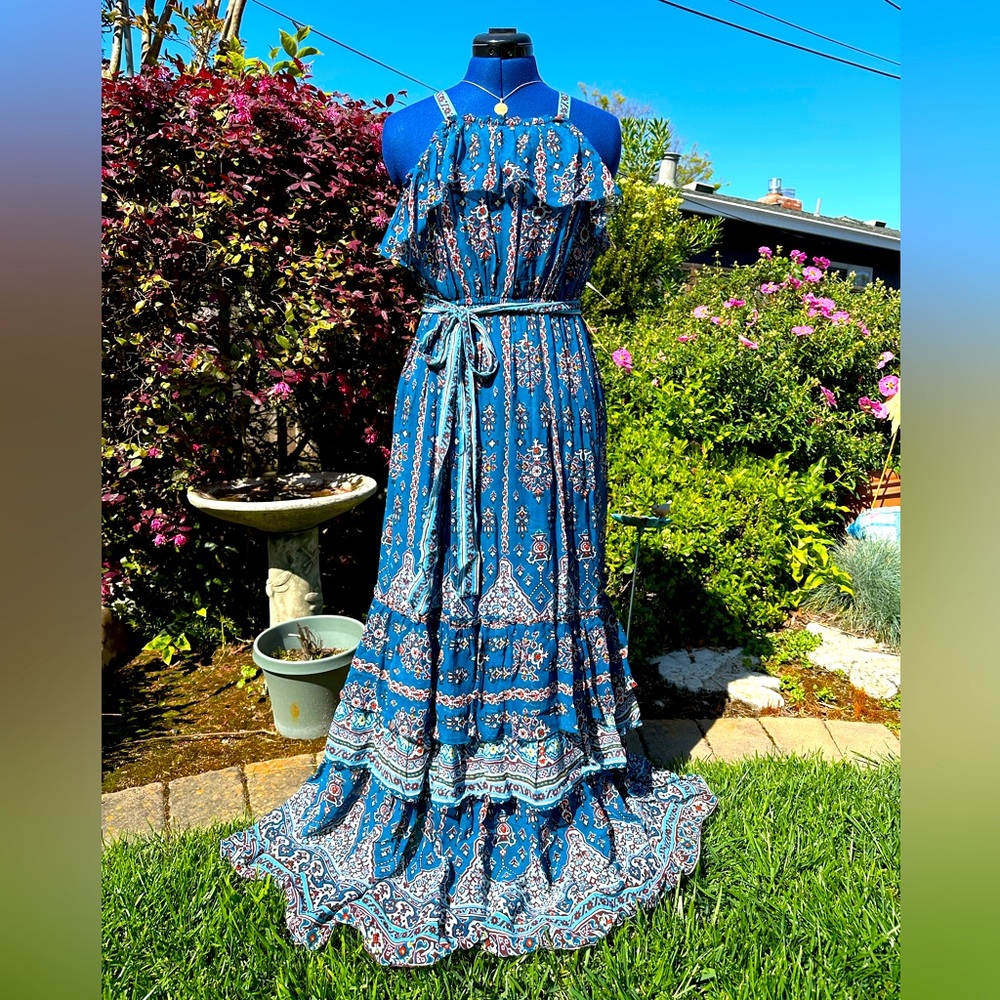 ANTHROPOLOGIE • Blue Sasha ruffle print maxi dress • size XS •